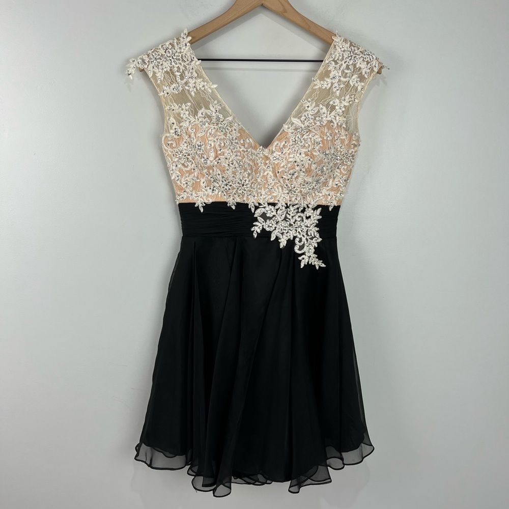 Mac Duggal Black & Nude Mini Dress W/ Rhinestone Lace Top